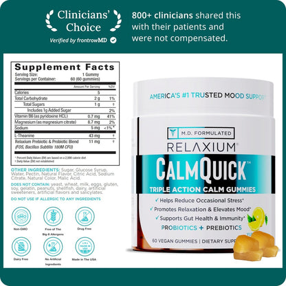 Relaxium Calm Gummies – Ruhe, Darmgesundheit & Immununterstützung, entwickelt in den USA, mit Vitamin B6, Magnesium, L-Theanin + Präbiotikum & Probiotikum, Zitronengeschmack, 60 Gummis