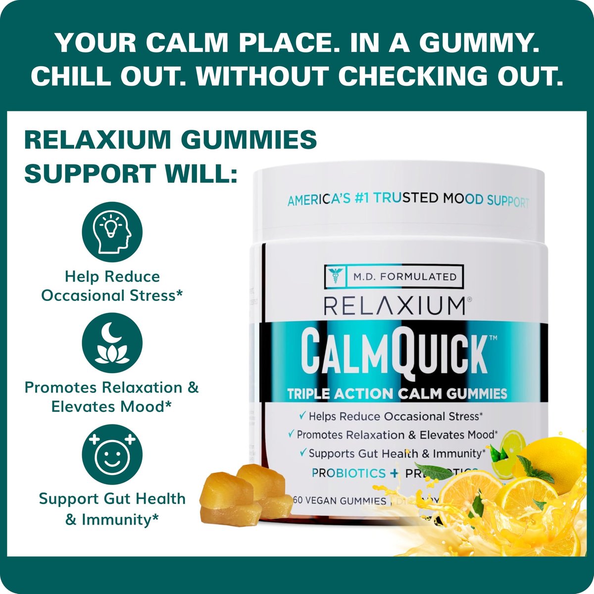 Relaxium Calm Gummies – Ruhe, Darmgesundheit & Immununterstützung, entwickelt in den USA, mit Vitamin B6, Magnesium, L-Theanin + Präbiotikum & Probiotikum, Zitronengeschmack, 60 Gummis