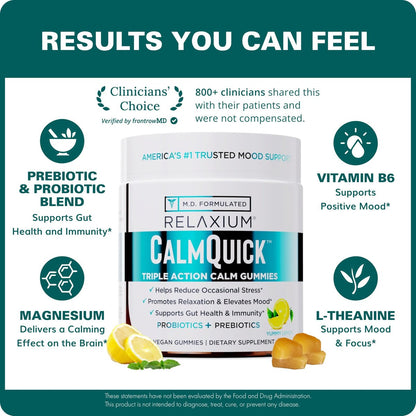 Relaxium Calm Gummies – Ruhe, Darmgesundheit & Immununterstützung, entwickelt in den USA, mit Vitamin B6, Magnesium, L-Theanin + Präbiotikum & Probiotikum, Zitronengeschmack, 60 Gummis