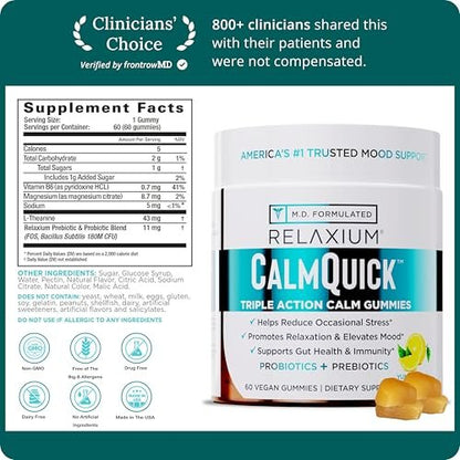 Relaxium Calm Gummies – Ruhe, Darmgesundheit & Immununterstützung, entwickelt in den USA, mit Vitamin B6, Magnesium, L-Theanin + Präbiotikum & Probiotikum, Zitronengeschmack, 60 Gummis