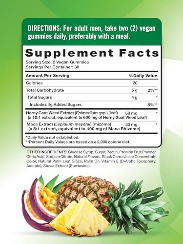 Nature's Truth Horny Goat Weed Gummis | 60 Stück | mit Maca-Wurzel | Vegan, Non-GMO & Glutenfrei | Passionsfrucht-Geschmack