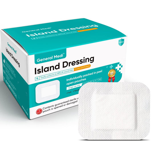 General Medi Sterile Islandverband mit Bordered Gaze – 100 Stück, 2,4" x 2,75" Gaze-Pads, Wundversorgungspad mit Kleberand – steril, weich & hoch saugfähig, medizinische Qualität