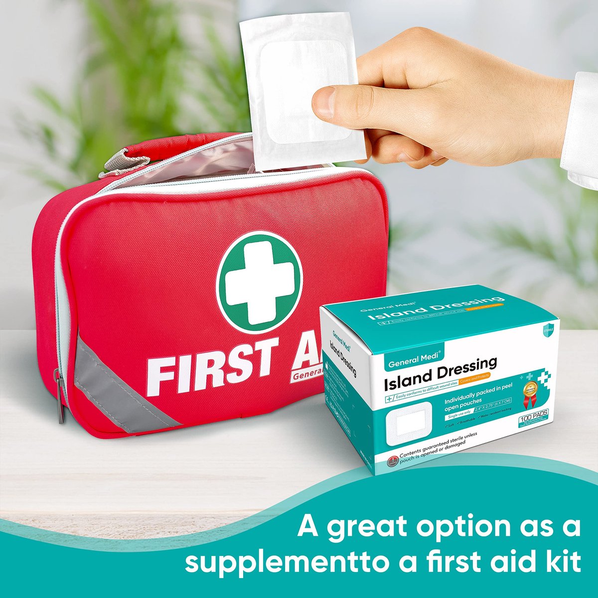 General Medi Sterile Islandverband mit Bordered Gaze – 100 Stück, 2,4" x 2,75" Gaze-Pads, Wundversorgungspad mit Kleberand – steril, weich & hoch saugfähig, medizinische Qualität