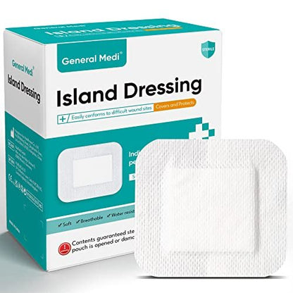 General Medi Sterile Inselverband mit Kleberand – 50 Stück, 10 x 10 cm Mullkompressen, Wundversorgungspad mit Kleberand – steril, weich & hochsaugfähig, medizinische Wundauflage