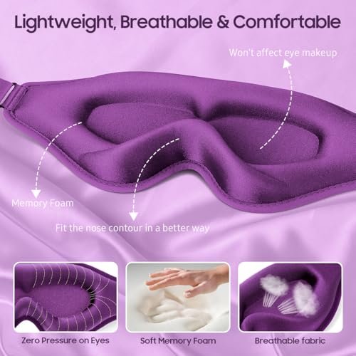 BeHoomi Schlafmaske, Premium Augenmaske für erholsamen Schlaf, 3D ergonomisches Design, verbesserte Lichtblockade, Schlafbrille für Frauen und Männer (Lila)