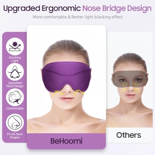 BeHoomi Schlafmaske, Premium Augenmaske für erholsamen Schlaf, 3D ergonomisches Design, verbesserte Lichtblockade, Schlafbrille für Frauen und Männer (Lila)