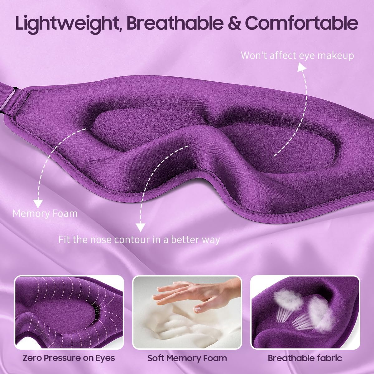 BeHoomi Schlafmaske, Premium Augenmaske für erholsamen Schlaf, 3D ergonomisches Design, verbesserte Lichtblockade, Schlafbrille für Frauen und Männer (Lila)