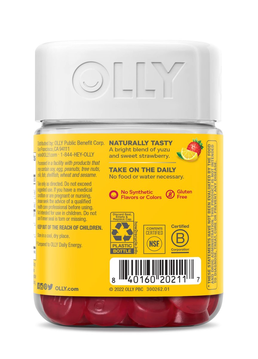 OLLY Extra Strength Daily Energy Gummies – Koffeinfreie Energie-Gummibärchen mit Vitamin B12, CoQ10 und Goji-Beere, 60 Stück (30-Tage-Vorrat)