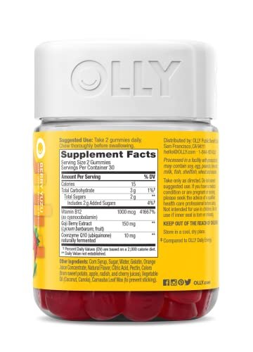 OLLY Extra Strength Daily Energy Gummies – Koffeinfreie Energie-Gummibärchen mit Vitamin B12, CoQ10 und Goji-Beere, 60 Stück (30-Tage-Vorrat)