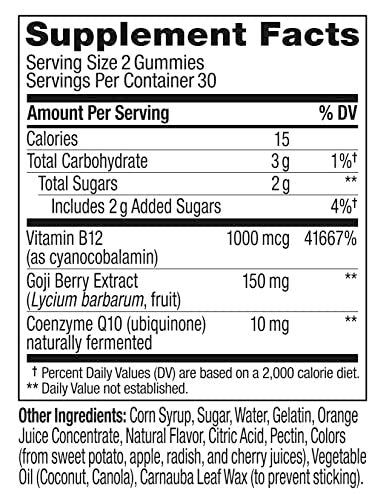 OLLY Extra Strength Daily Energy Gummies – Koffeinfreie Energie-Gummibärchen mit Vitamin B12, CoQ10 und Goji-Beere, 60 Stück (30-Tage-Vorrat)
