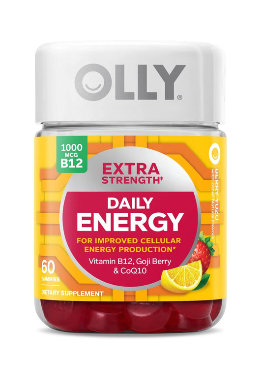 OLLY Extra Strength Daily Energy Gummies – Koffeinfreie Energie-Gummibärchen mit Vitamin B12, CoQ10 und Goji-Beere, 60 Stück (30-Tage-Vorrat)