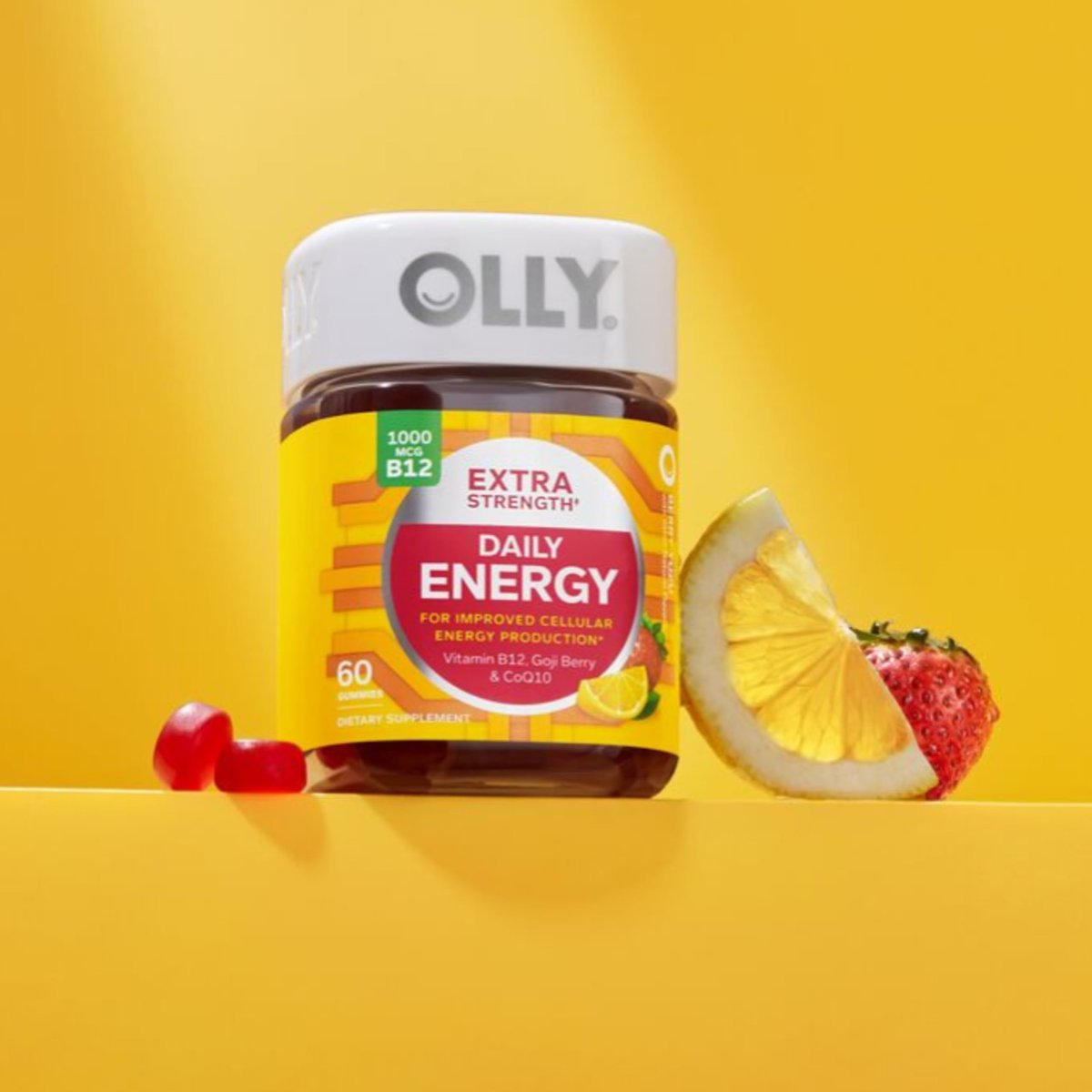 OLLY Extra Strength Daily Energy Gummies – Koffeinfreie Energie-Gummibärchen mit Vitamin B12, CoQ10 und Goji-Beere, 60 Stück (30-Tage-Vorrat)