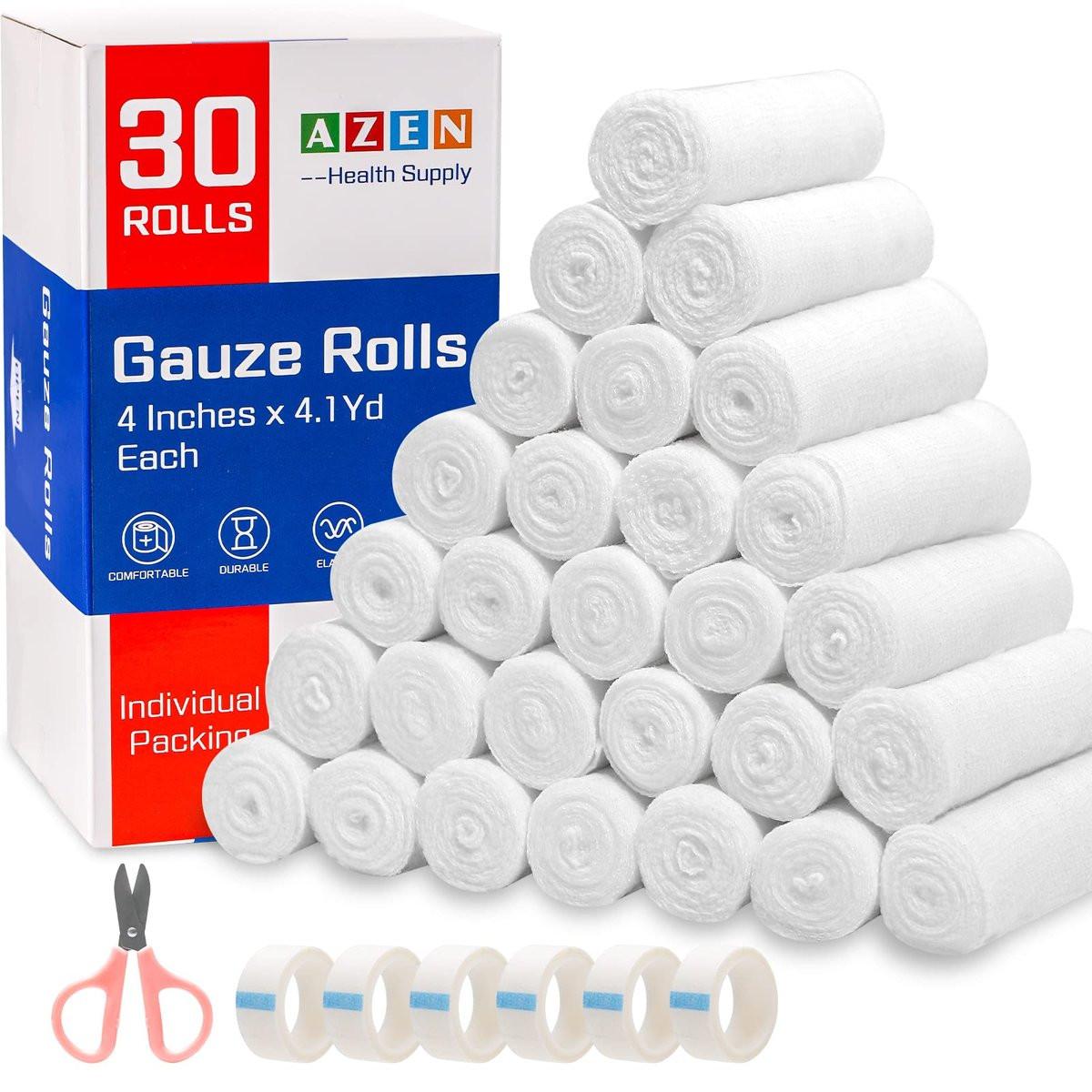 AZEN 30er-Pack Mullbinden, 10 cm x 3,7 m, Premium medizinische Verbandwatte & Erste-Hilfe-Zubehör, Bandagenwickel, Mummy Wraps