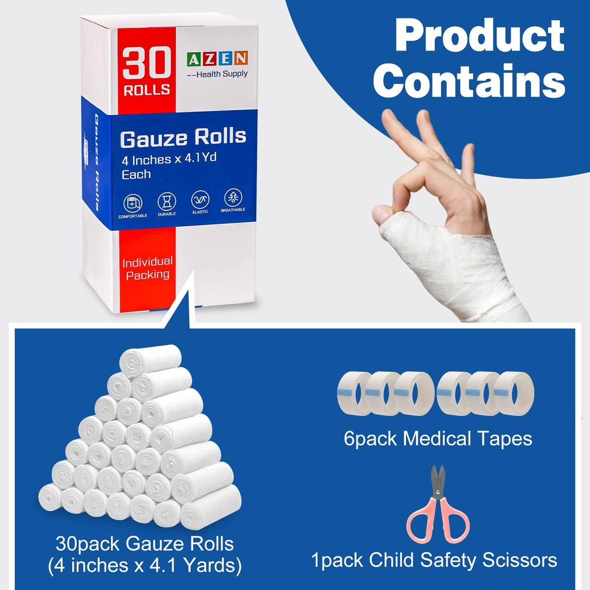 AZEN 30er-Pack Mullbinden, 10 cm x 3,7 m, Premium medizinische Verbandwatte & Erste-Hilfe-Zubehör, Bandagenwickel, Mummy Wraps