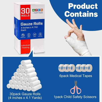 AZEN 30er-Pack Mullbinden, 10 cm x 3,7 m, Premium medizinische Verbandwatte & Erste-Hilfe-Zubehör, Bandagenwickel, Mummy Wraps