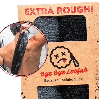 Extra Raues Peeling-Waschtuch – Extremes Körper- & Rückenpeeling für die Dusche, extra lang, hygienisches Peeling-Tuch für Männer oder Frauen, 2er-Pack, 1 Schwarz & 1 Grau, Bye Bye Loofah