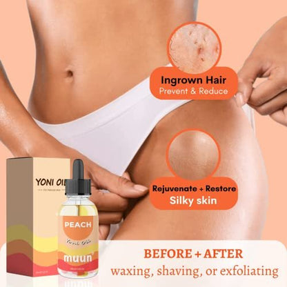 Muun Pfirsich Yoni Öl für Trockenheit, Rasieröl eingewachsene Haare, Feuchtigkeitsspender & pflegendes Intimöl für Frauen, weiches & geschmeidiges feminines Öl, 100% natürlich, Pfirsichduft