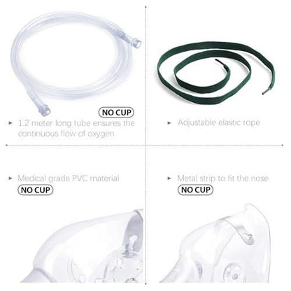 ANSNF 2er-Pack Sauerstoffmaske für Erwachsene mit 2 m Schlauch und verstellbarem elastischem Band – Größe M+L (Transparent) – OHNE BECHER