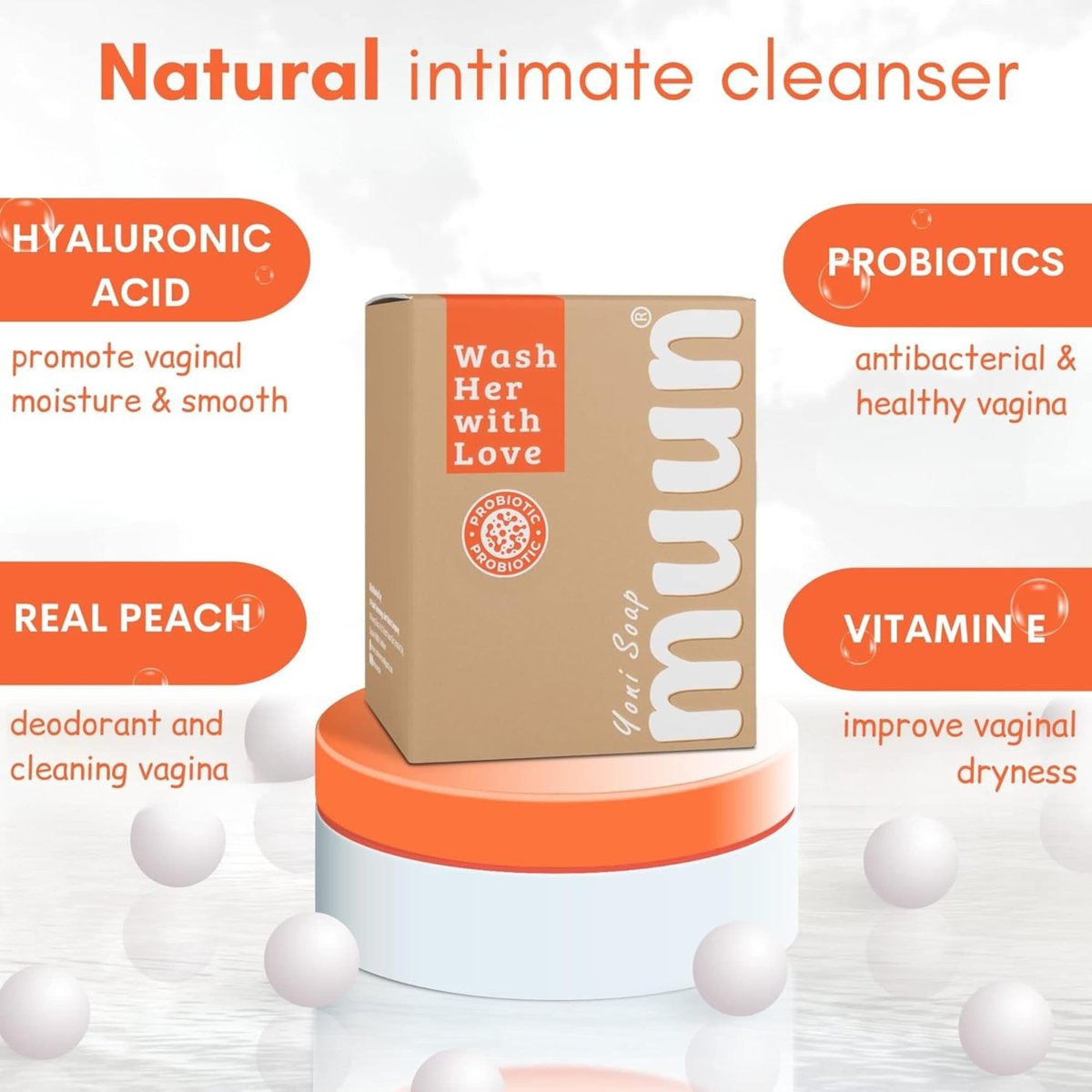 Muun Peach Yoni Seifenbar - Pack mit 3 Stück, pH-Balance mit Probiotika & natürlichen Inhaltsstoffen - Sanfte Reinigungsformel beseitigt Geruch für vaginale Gesundheit - Intimwaschung