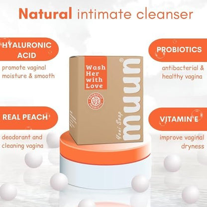Muun Peach Yoni Seifenbar - Pack mit 3 Stück, pH-Balance mit Probiotika & natürlichen Inhaltsstoffen - Sanfte Reinigungsformel beseitigt Geruch für vaginale Gesundheit - Intimwaschung