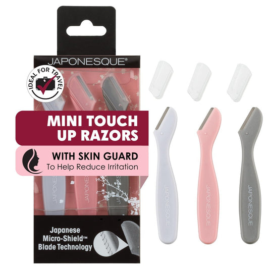 JAPONESQUE Mini Touch Up Rasierer - Reisegröße Dermaplaning Werkzeug Set - 3-teiliges Mini-Rasierer-Set für Frauen, feststehende Klinge
