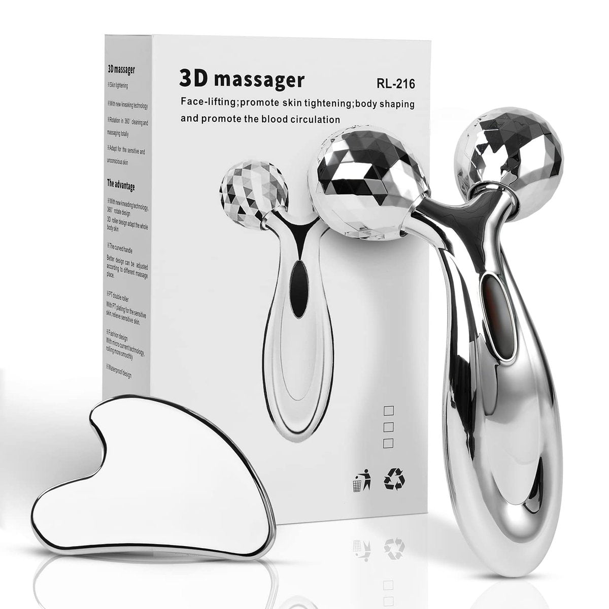 Lanfixilly Edelstahl Gua Sha und Gesichtsroller Set – Gesichtsformung, Metall-Hautpflege, Massagegerät für Frauen