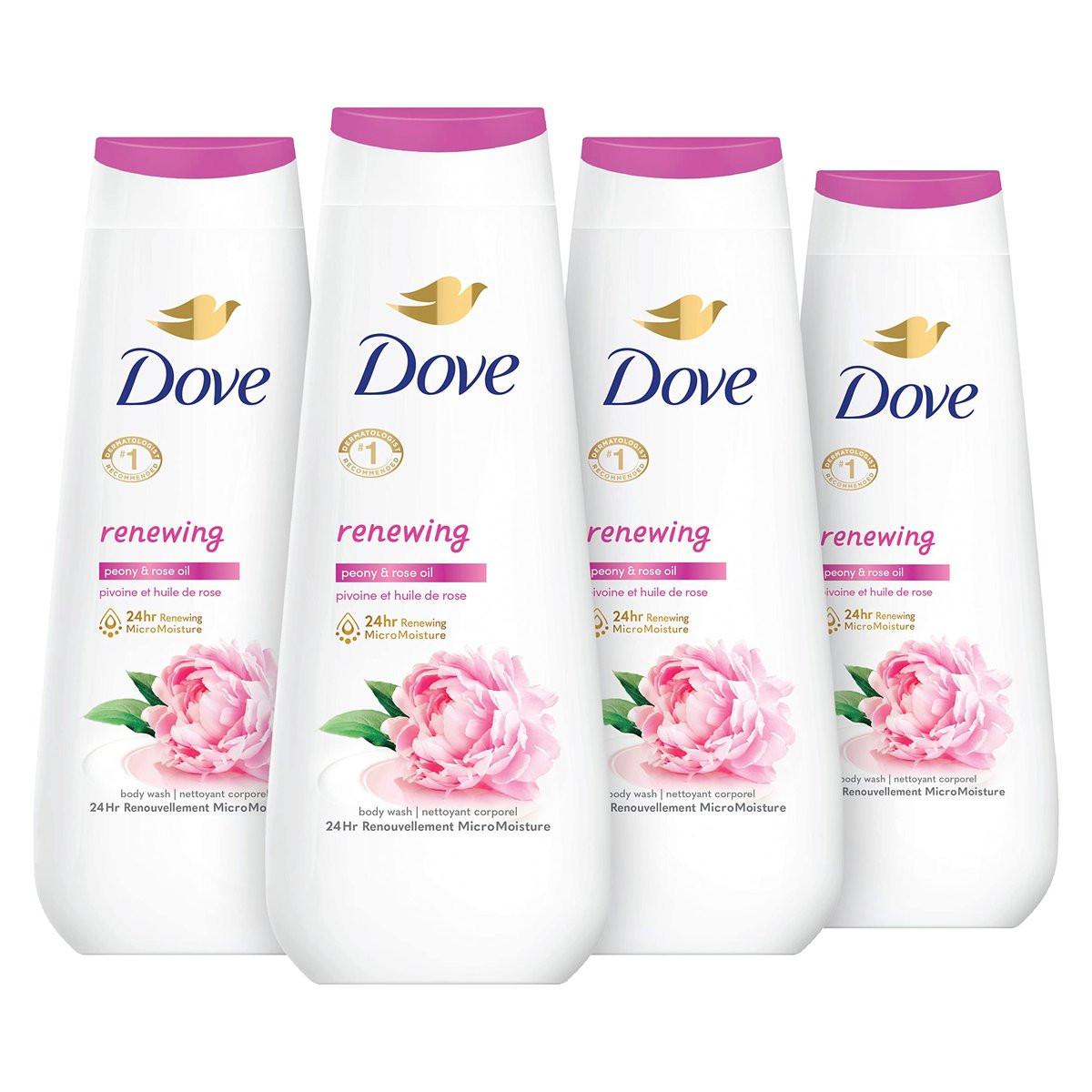 Dove Renewing Pfingstrosen- und Rosenöl Duschgel 4er-Pack, 20 oz – Sanfte Reinigung für erneuerte, gesund aussehende Haut mit 24h MicroFeuchtigkeit