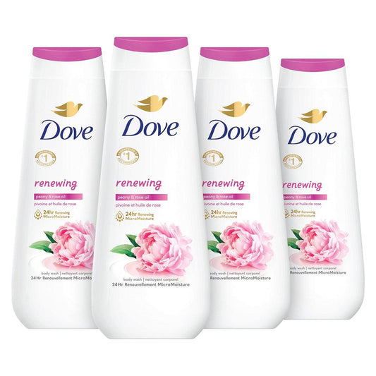 Dove Renewing Pfingstrosen- und Rosenöl Duschgel 4er-Pack, 20 oz – Sanfte Reinigung für erneuerte, gesund aussehende Haut mit 24h MicroFeuchtigkeit