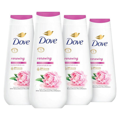 Dove Renewing Pfingstrosen- und Rosenöl Duschgel 4er-Pack, 20 oz – Sanfte Reinigung für erneuerte, gesund aussehende Haut mit 24h MicroFeuchtigkeit