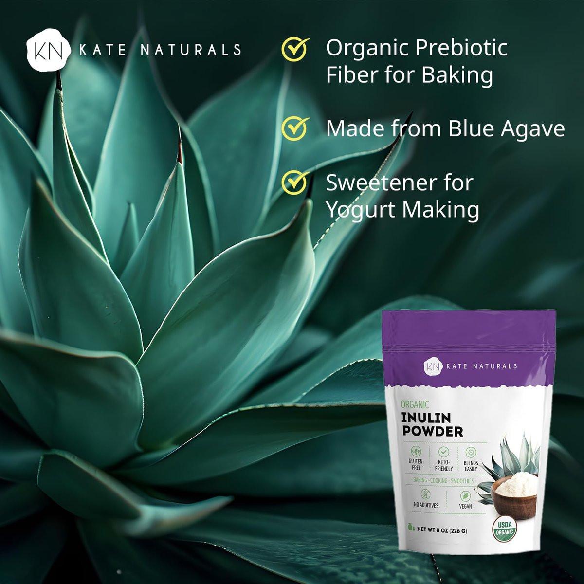 Kate Naturals Inulin Pulver Bio aus blauer Agave (227 g) – Lösliche präbiotische Ballaststoffe für Kaffee, Joghurt & Smoothies
