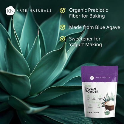 Kate Naturals Inulin Pulver Bio aus blauer Agave (227 g) – Lösliche präbiotische Ballaststoffe für Kaffee, Joghurt & Smoothies