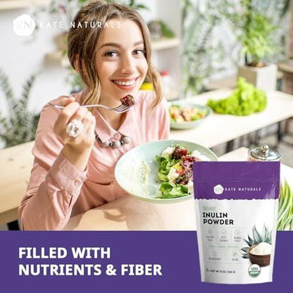 Kate Naturals Inulin Pulver Bio aus blauer Agave (227 g) – Lösliche präbiotische Ballaststoffe für Kaffee, Joghurt & Smoothies