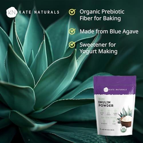 Kate Naturals Inulin Pulver Bio aus blauer Agave (227 g) – Lösliche präbiotische Ballaststoffe für Kaffee, Joghurt & Smoothies