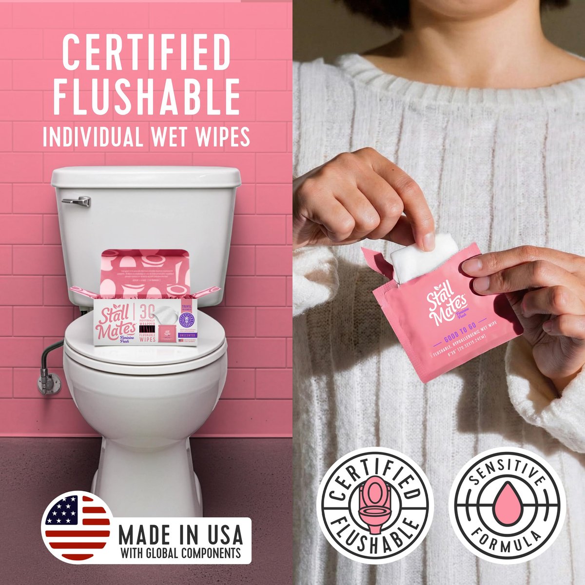 Stall Mates Feminine Fresh - Spültücher, einzeln verpackt, pH-neutral, unparfümiert, mit Sonnenblume, Rosmarin und Aloe (30 einzeln verpackte Feuchttücher)