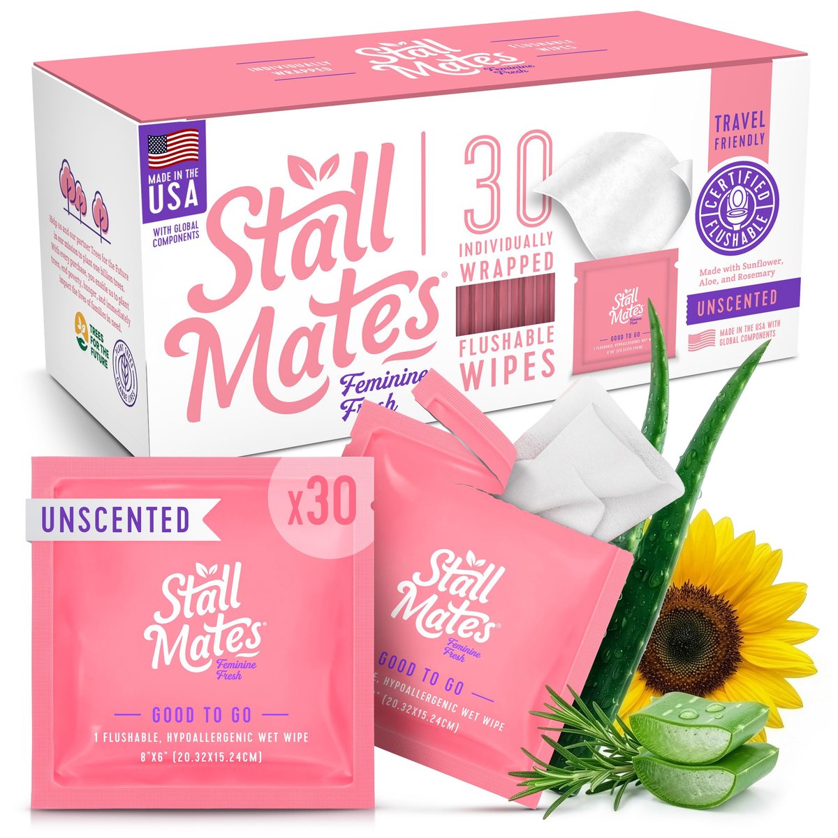 Stall Mates Feminine Fresh - Spültücher, einzeln verpackt, pH-neutral, unparfümiert, mit Sonnenblume, Rosmarin und Aloe (30 einzeln verpackte Feuchttücher)