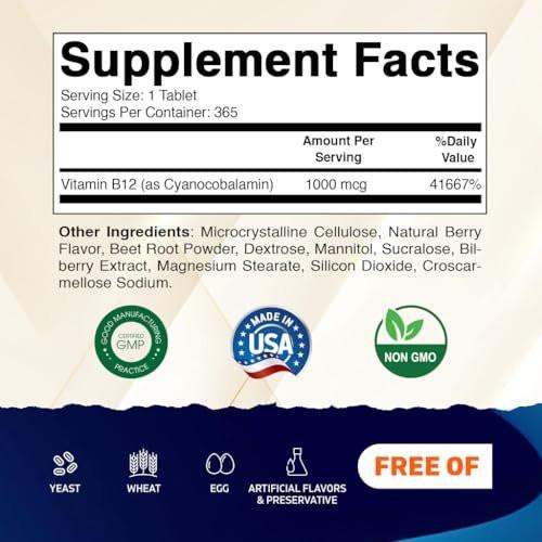 Vitamatic Vitamin B12 1000 mcg Schmelztabletten – 365 Tabletten – Natürlicher Beerengeschmack – Unterstützt Energiestoffwechsel und Nervensystem