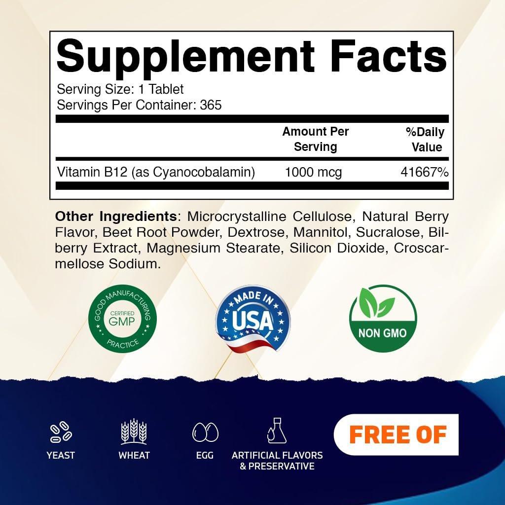 Vitamatic Vitamin B12 1000 mcg Schmelztabletten – 365 Tabletten – Natürlicher Beerengeschmack – Unterstützt Energiestoffwechsel und Nervensystem