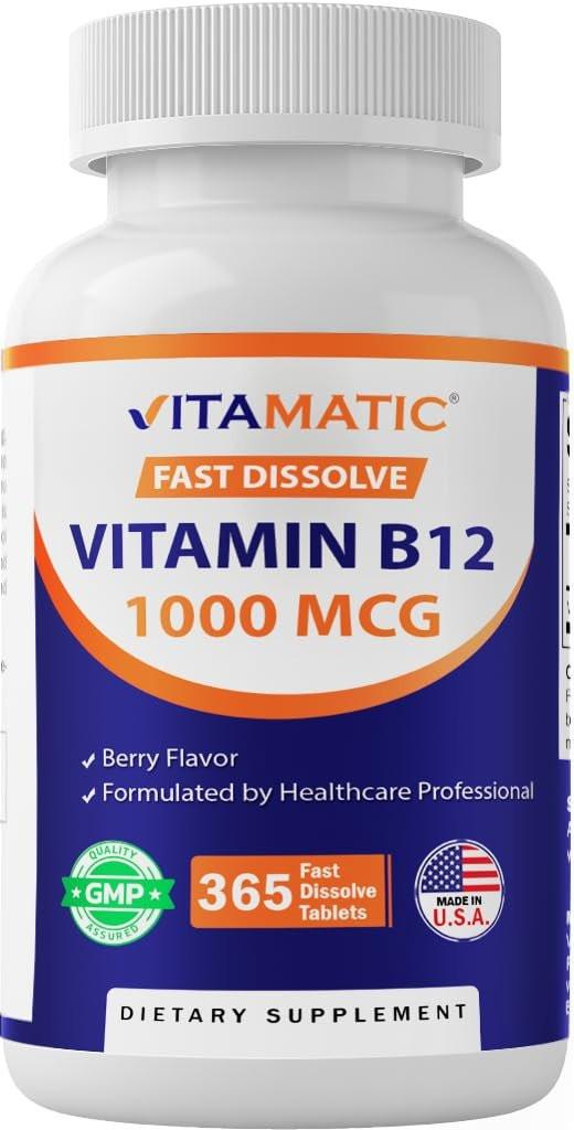 Vitamatic Vitamin B12 1000 mcg Schmelztabletten – 365 Tabletten – Natürlicher Beerengeschmack – Unterstützt Energiestoffwechsel und Nervensystem