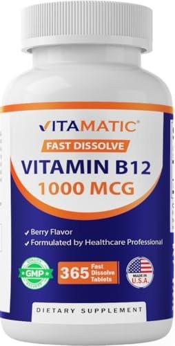 Vitamatic Vitamin B12 1000 mcg Schmelztabletten – 365 Tabletten – Natürlicher Beerengeschmack – Unterstützt Energiestoffwechsel und Nervensystem