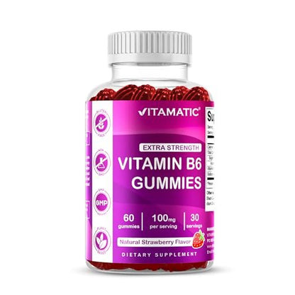 Vitamatic Vitamin B6 100mg Gummis mit Beerengeschmack – 60 vegane Gummis – Unterstützt das Nervensystem