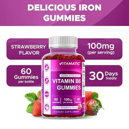 Vitamatic Vitamin B6 100mg Gummis mit Beerengeschmack – 60 vegane Gummis – Unterstützt das Nervensystem