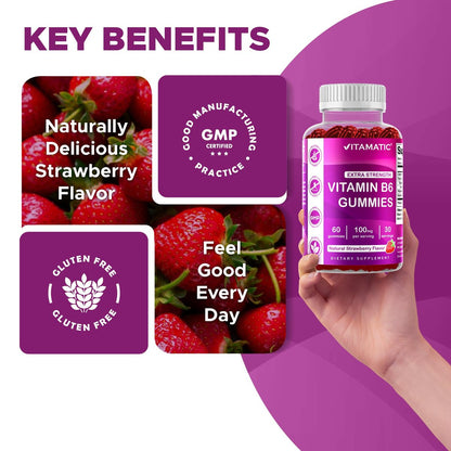 Vitamatic Vitamin B6 100mg Gummis mit Beerengeschmack – 60 vegane Gummis – Unterstützt das Nervensystem