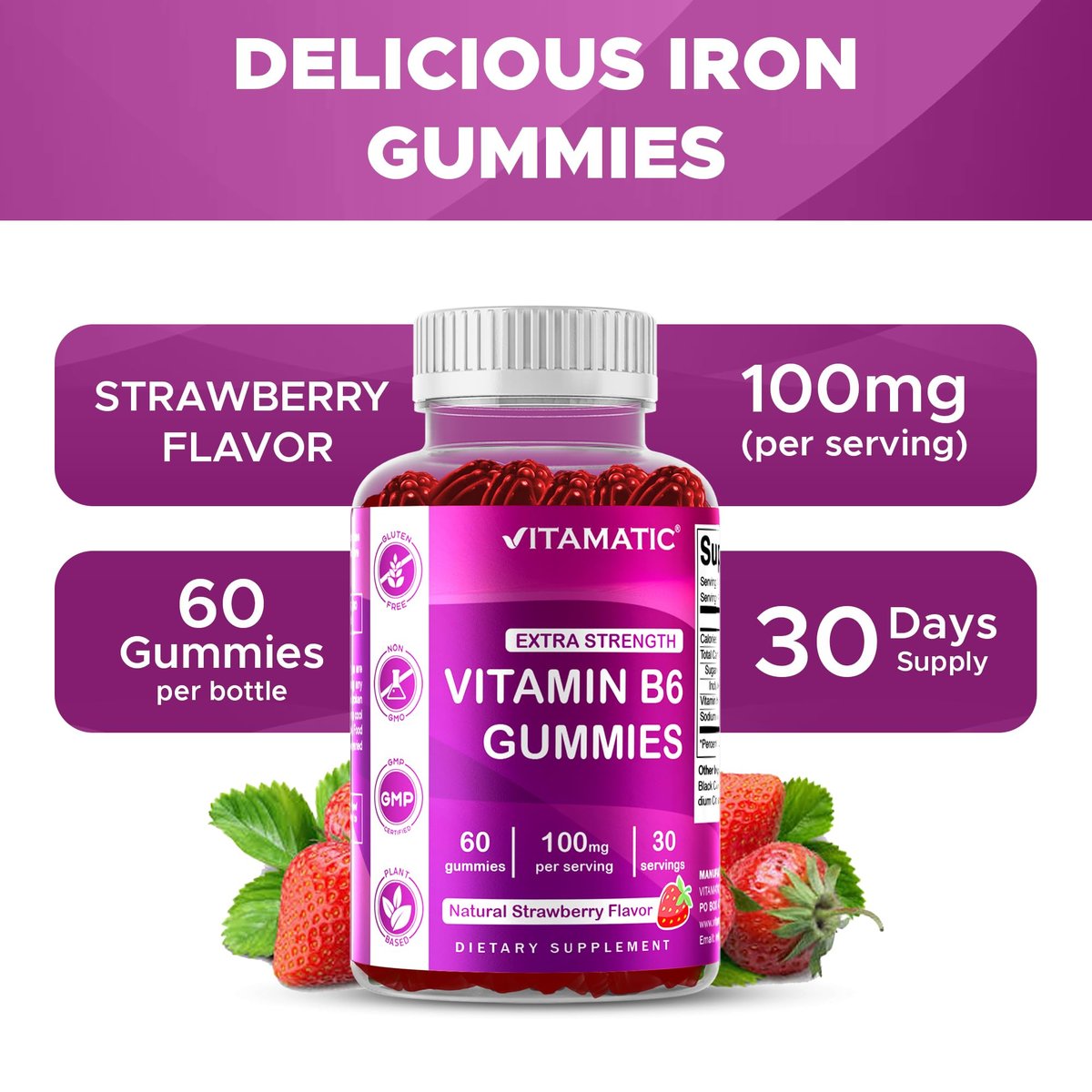 Vitamatic Vitamin B6 100mg Gummis mit Beerengeschmack – 60 vegane Gummis – Unterstützt das Nervensystem
