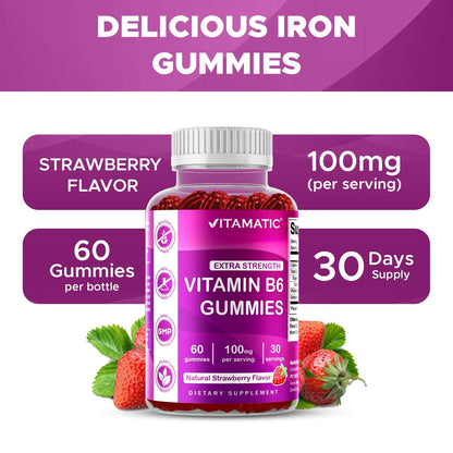 Vitamatic Vitamin B6 100mg Gummis mit Beerengeschmack – 60 vegane Gummis – Unterstützt das Nervensystem