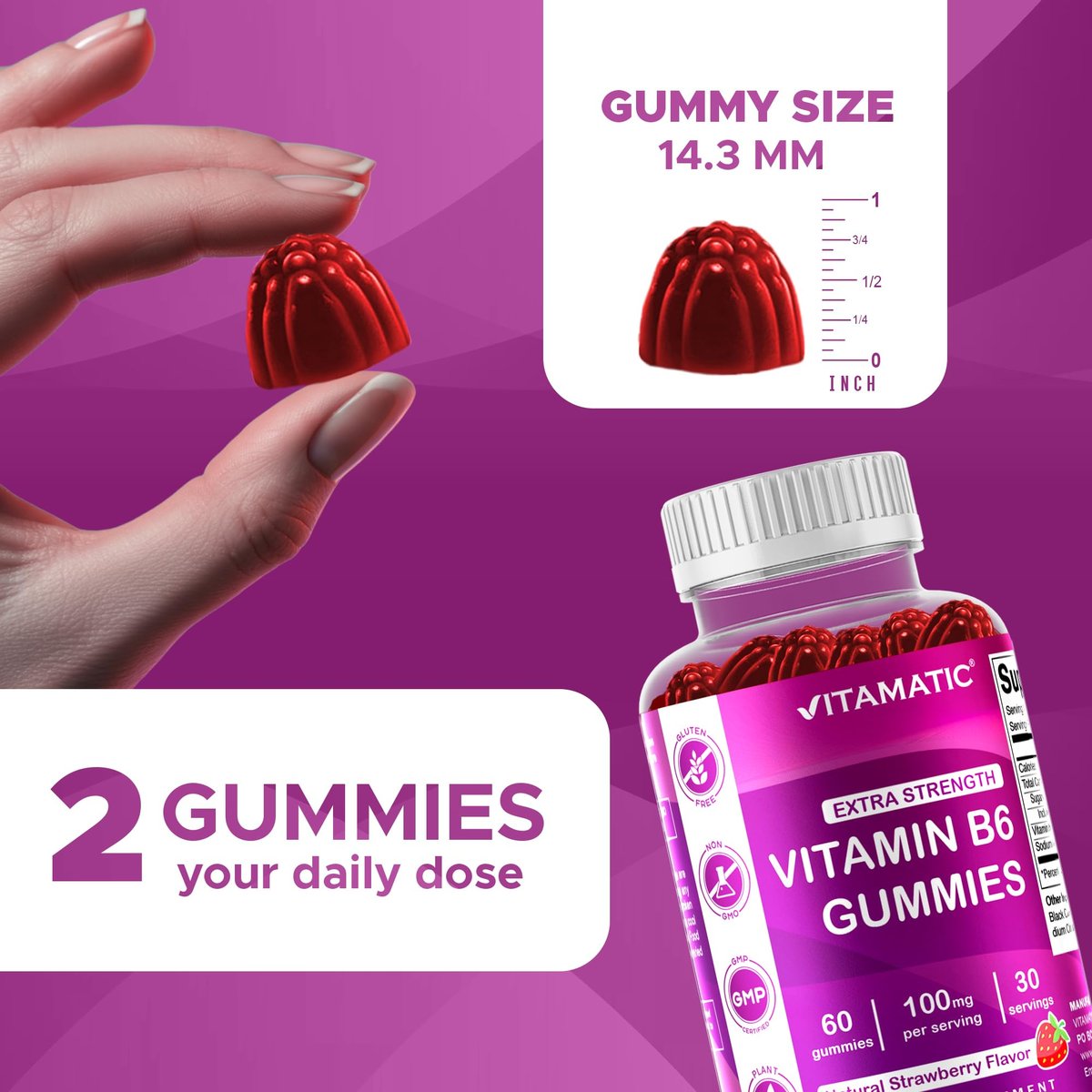 Vitamatic Vitamin B6 100mg Gummis mit Beerengeschmack – 60 vegane Gummis – Unterstützt das Nervensystem