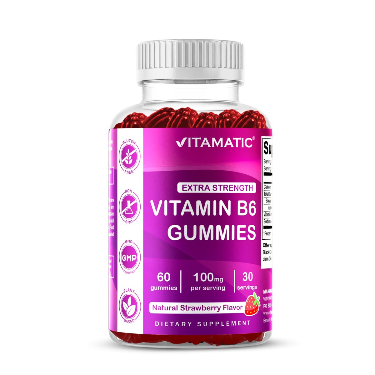 Vitamatic Vitamin B6 100mg Gummis mit Beerengeschmack – 60 vegane Gummis – Unterstützt das Nervensystem