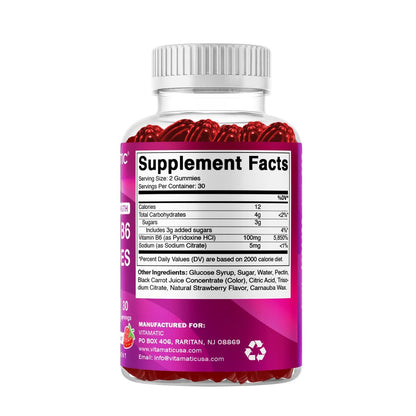 Vitamatic Vitamin B6 100mg Gummis mit Beerengeschmack – 60 vegane Gummis – Unterstützt das Nervensystem