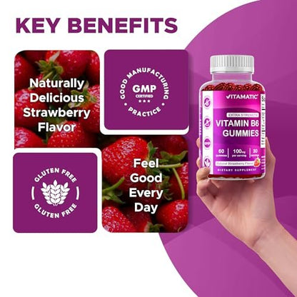 Vitamatic Vitamin B6 100mg Gummis mit Beerengeschmack – 60 vegane Gummis – Unterstützt das Nervensystem