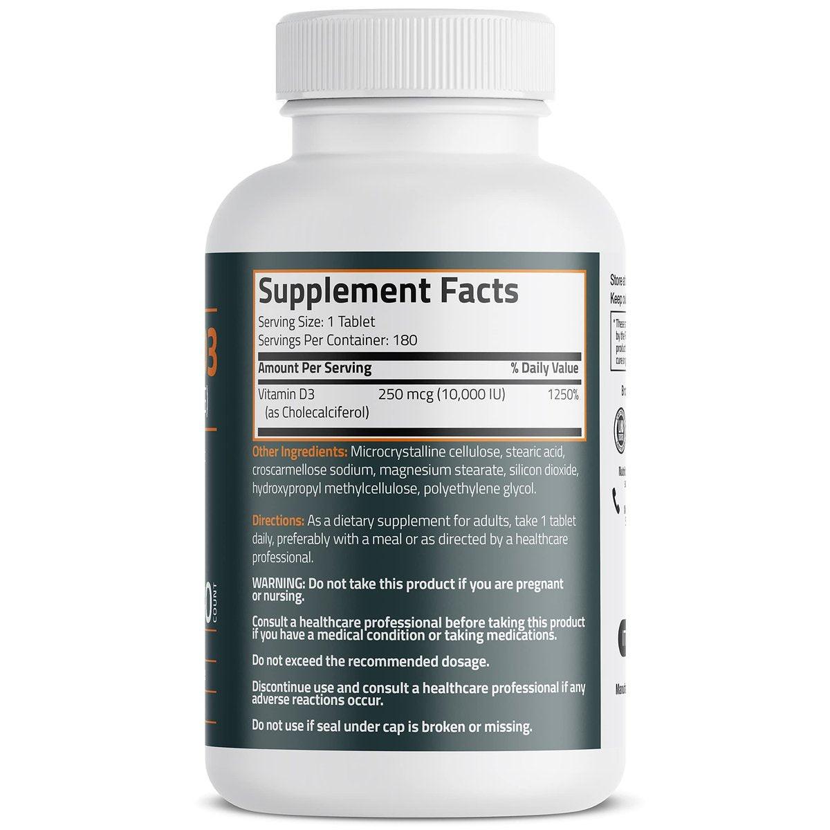 Bronson Vitamin D3 10.000 IE (250 mcg) – 180 Tabletten für Muskel- und Immununterstützung, Nicht-GVO