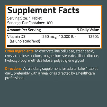 Bronson Vitamin D3 10.000 IE (250 mcg) – 180 Tabletten für Muskel- und Immununterstützung, Nicht-GVO